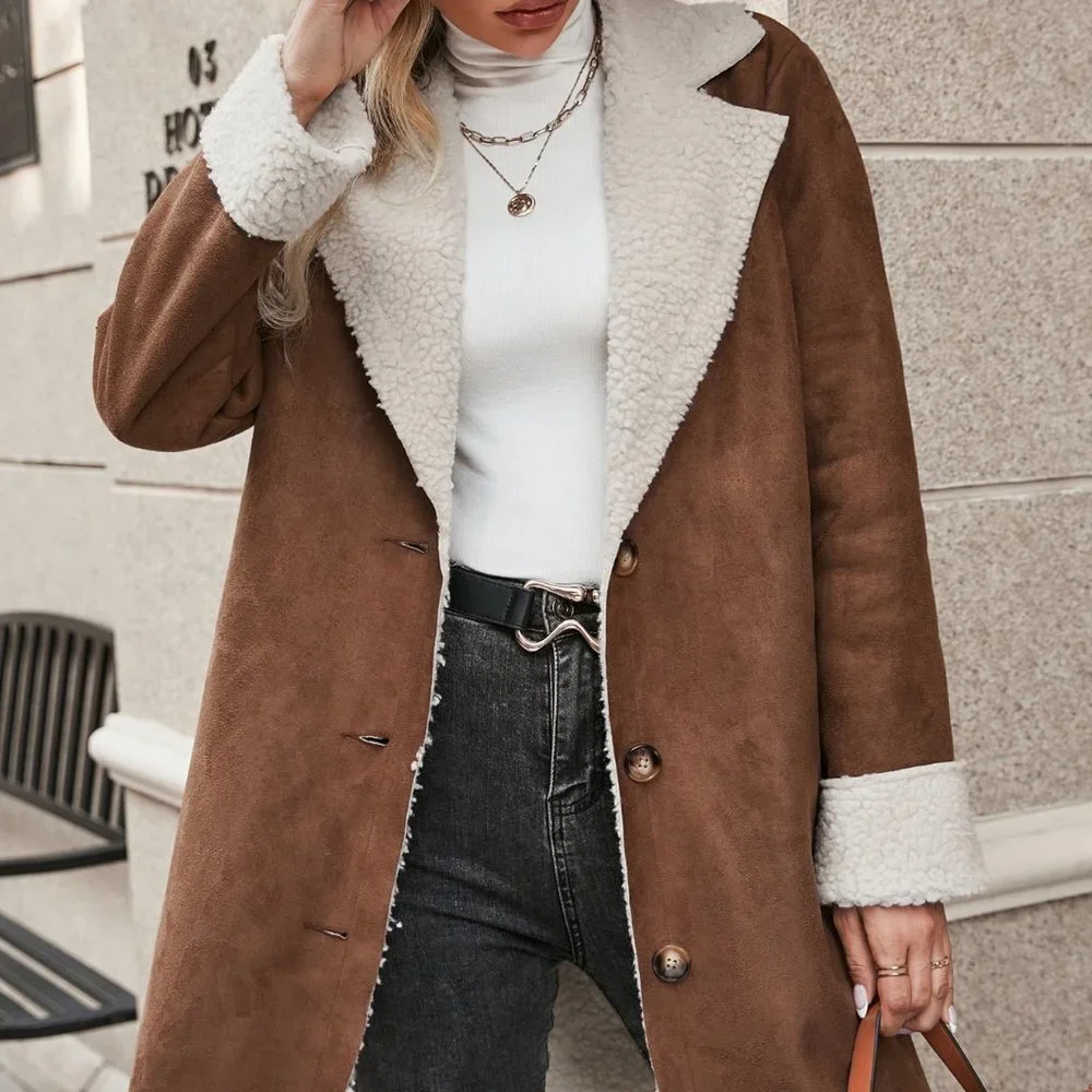 Brown Preppy Womens Lapel Collar Teddy Lined Suedette Coat - Picture 2 of 5